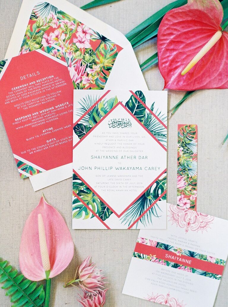 Tropical pink-and-green wedding invitations