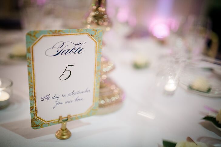 Shades of mint, ivory, gold, blush and navy decorated the stately ballroom of the Langham Hotel in Boston, Massachusetts, infusing the room with a cheerful yet elegant spring vibe. The table numbers incorporated the seasonally inspired hues, the Wedding Paper Divas design featuring gilded mint edging and anecdotes relating to each number.