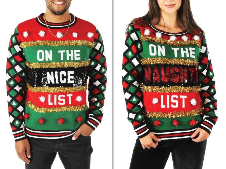 On the Nice List and On the Naughty list couples ugly Christmas sweaters