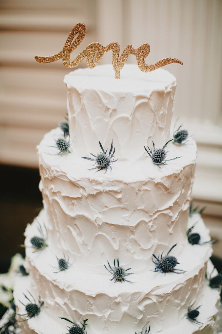 Rustic Blue Thistle-Decorated Wedding Cake