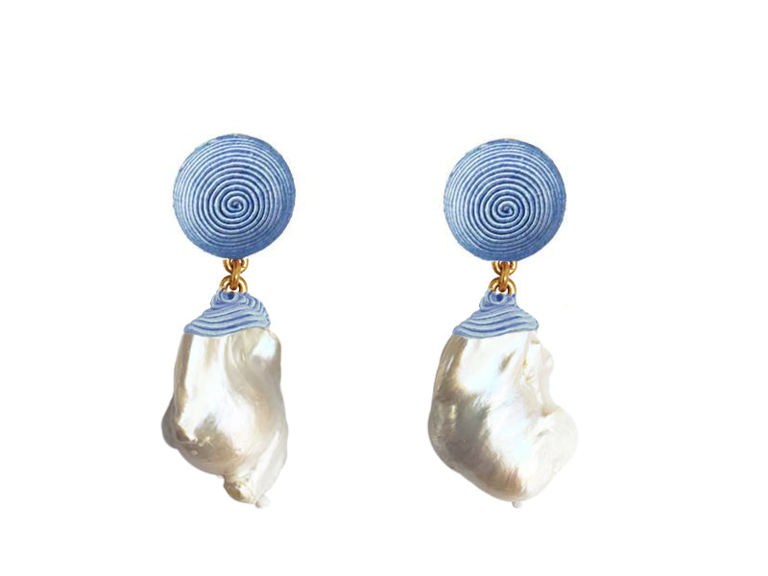 Blue spiral earrings with baroque pearl