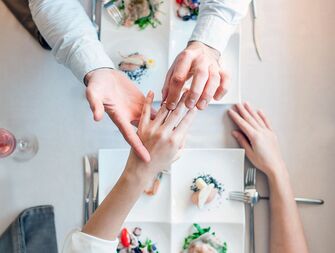 Restaurant proposal with groom putting engagement ring on his partner
