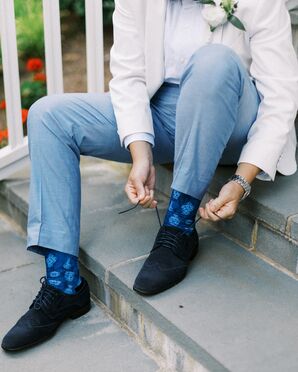 White Suit Jacket, Blue Pants and Custom Chinoiserie Socks in Dress Shoes