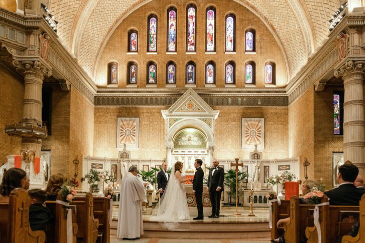 Bride With Long Veil and Groom in Tuxedo Wed in Catholic Church in NYC