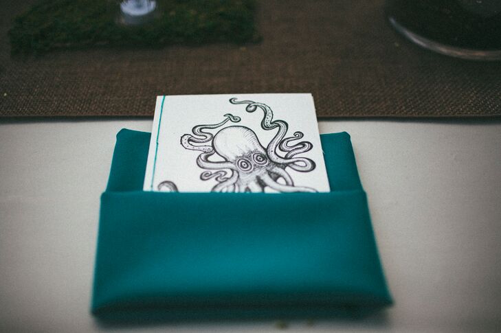 For wedding favors, Colin designed a cover with a sketch of an octopus that contained a burned CD of the couple's favorite songs.