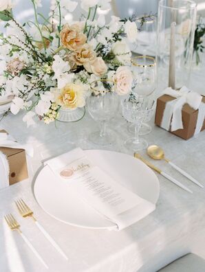 Elegant Tablescape With Rose, Sweet Pea and Branch Centerpiece