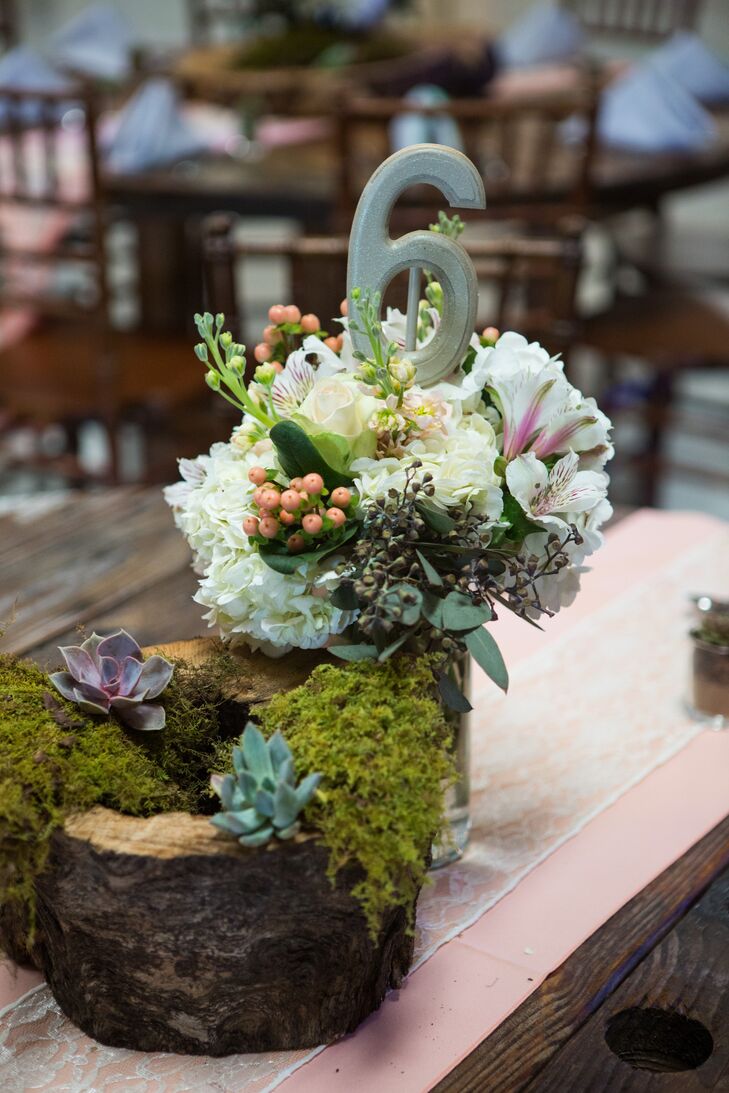 With Texas and Arizona as inspiration, the couple pulled their color palette from soft desert colors, such as peach, mint and tan. Texas style came through in the lace and wood, and the succulents and floral arrangements represented Arizona flair.