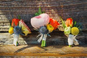 Bright, Boho Boutonnieres with Blue Thistle and Craspedia