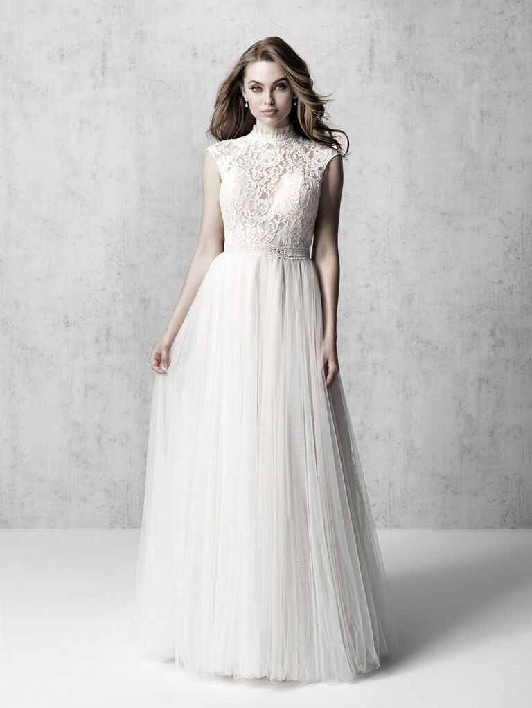 allure bridals white lace high neck wedding dress with lace mesh cap sleeves lace chest and plain pleated tulle ball gown skirt