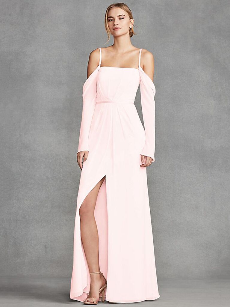 Dramatic cold shoulder blush bridesmaid dresses
