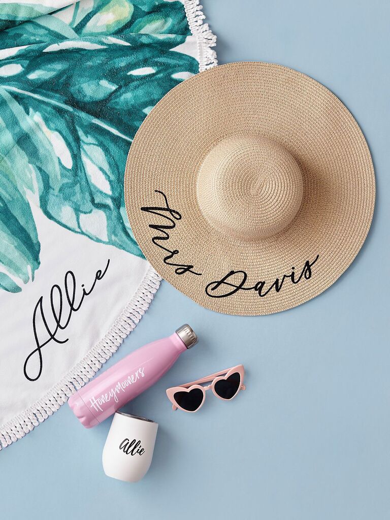 David's Bridal Mrs. sun hat for personalized bachelorette gift for the bride