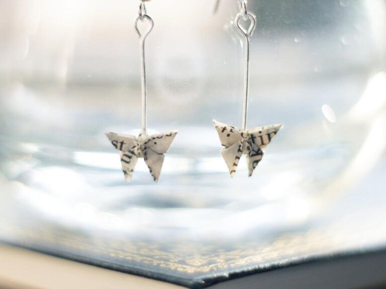 Butterfly drop earrings made from recycled book pages first anniversary gift for her