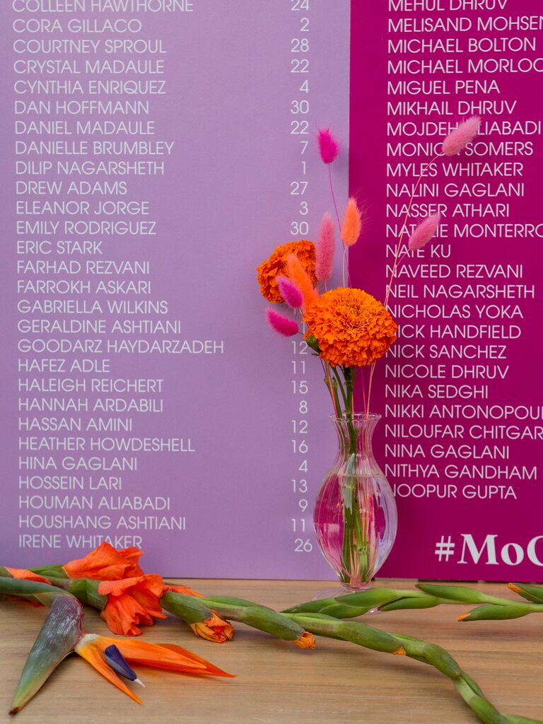 2023 wedding color trends example with bright pink, orange and purple wedding seating chart