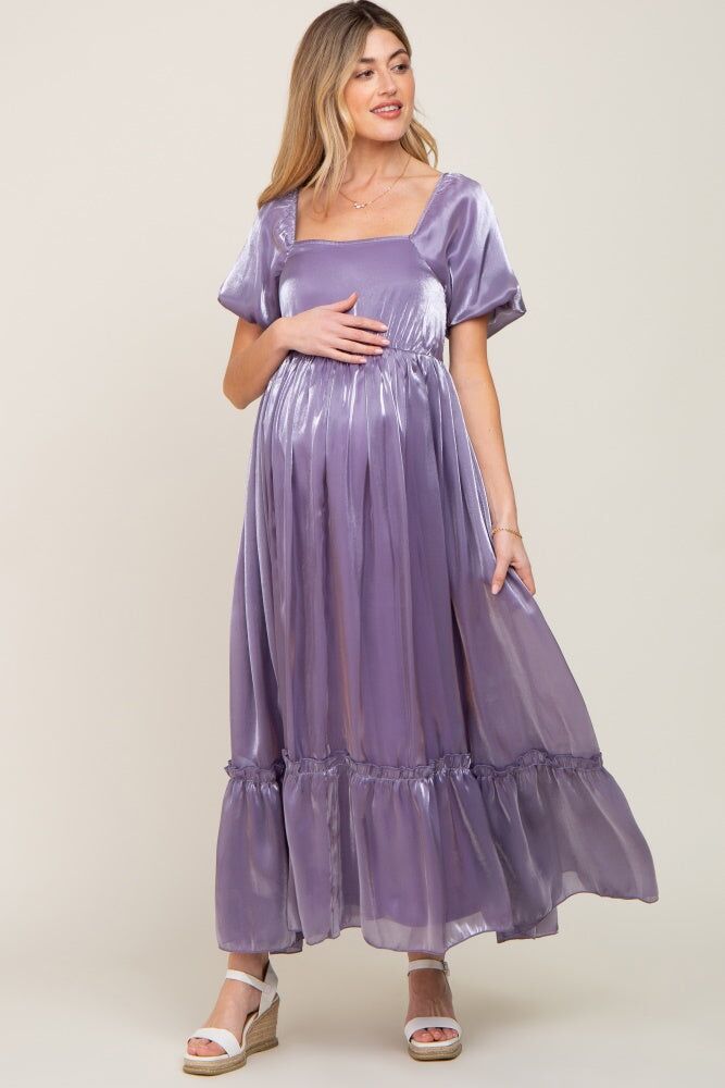 Shimmering lavender maxi dress with flutter sleeves. 