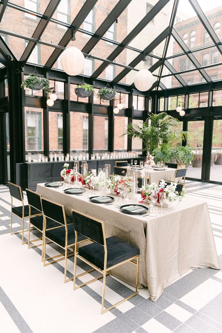 Art Deco Wedding Reception in Glass Atrium at the Shinola Hotel in Detroit, Michigan