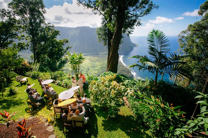 "We said our vows on the edge of a mountain with 360-degree views of the Pacific Ocean and the black-sand beach," Charita says of their 21-person ceremony at Waipio Rim B & B in Honokaa, Hawaii