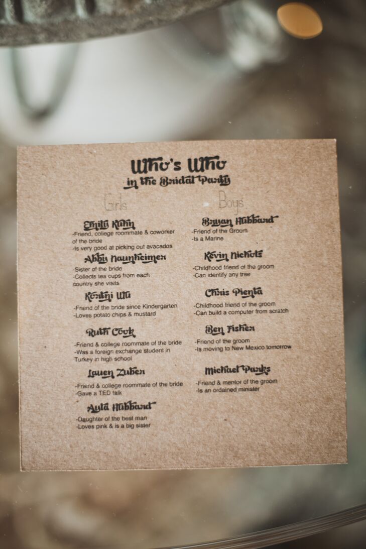 Erica designed the programs, CD sleeves and table numbers herself using Adobe Photoshop and Illustrator. "I wanted to guests to feel like they knew the bridal party, so I designed and created the wedding program that listed who was all in the wedding party and a fun fact about them," she says.