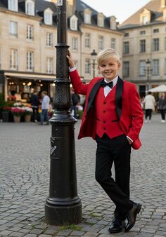 BLACKTIE "London" Kids Red Tuxedo (5-Piece Set) Flower Girl Dress and Ring Bearer Outfit