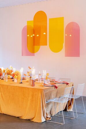 Orange Velvet Linens at Wedding Reception in Palm Springs