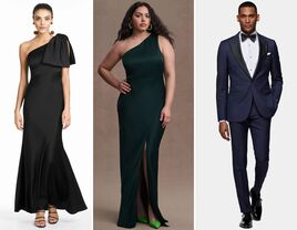 Collage of three black tie wedding guest outfits for men and women.
