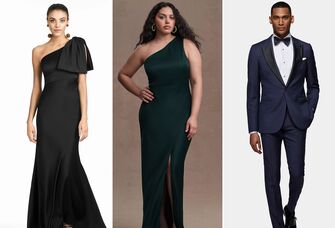 Collage of three black tie wedding guest outfits for men and women.