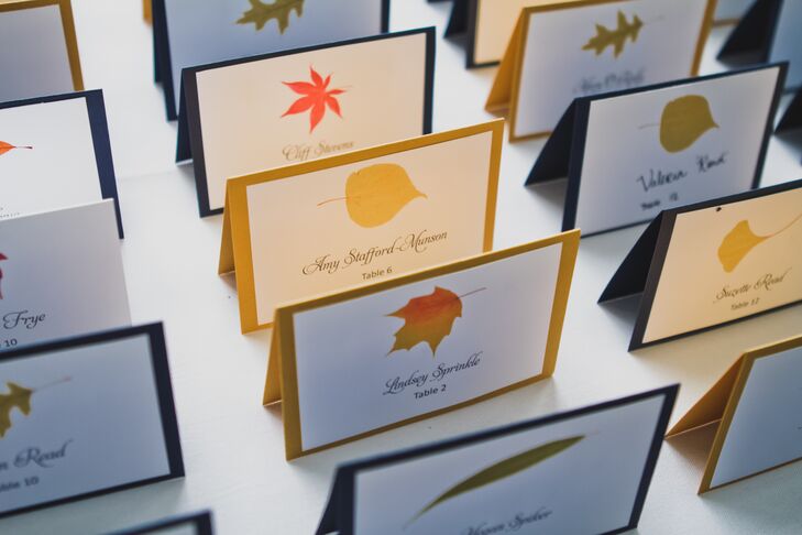 The bride used an Etsy shop, mapleshoppers, to design the name cards and then glued them to different color paper that corresponded with each guest's meal choice.