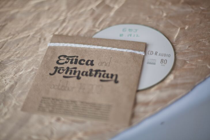 Johnathan and Erica created mixed CDs for guests to take home. "All of the songs on it played at some point during the ceremony or reception," Erica says. "It was really fun compiling the songs trying to put something on it for everyone."