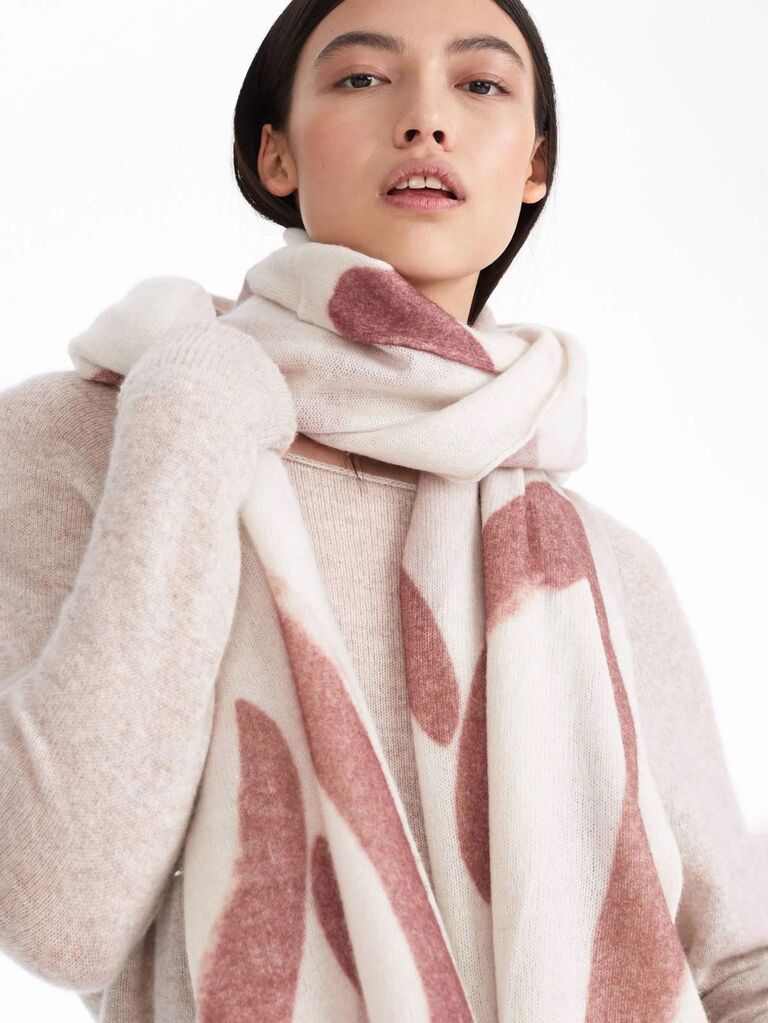 Cream cashmere scarf with hearts gift for wife