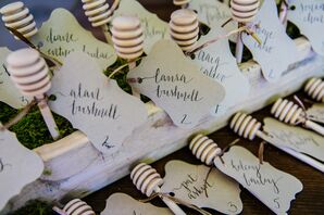 Calligraphed Escort Cards with Wooden Honey Stick Favors