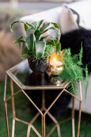 Gold Geometric Table with Plant and Candle