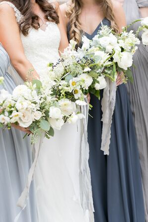Bridesmaids Carried Wedding Bouquets of Lisanthus, Roses, Cosmos and Dusty Miller