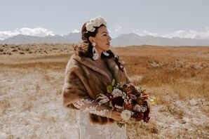 Bride With Lace Appliqué Dress, Rose Flower Crown and a Fur Coat