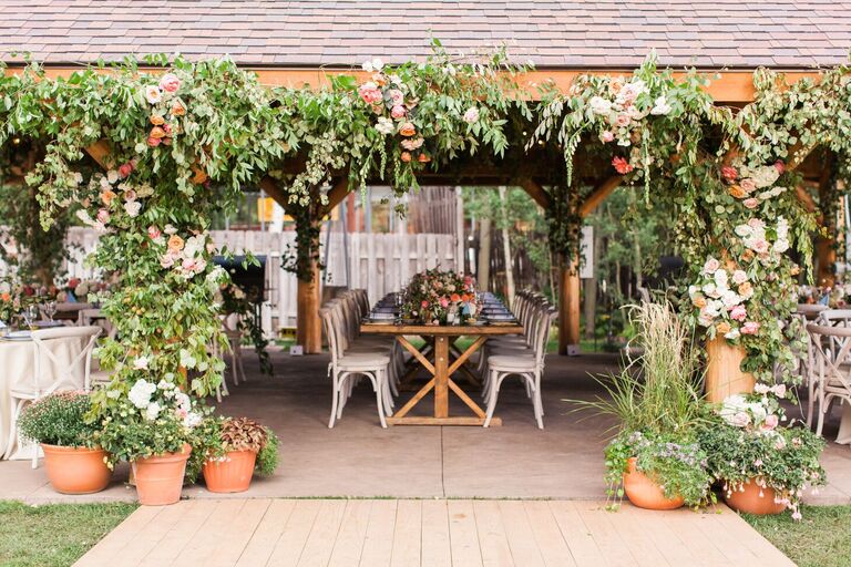 Pavilion wedding reception with greenery entryway arch installation