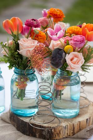 Blue Mason Jar-Filled Wedding Reception Centerpieces