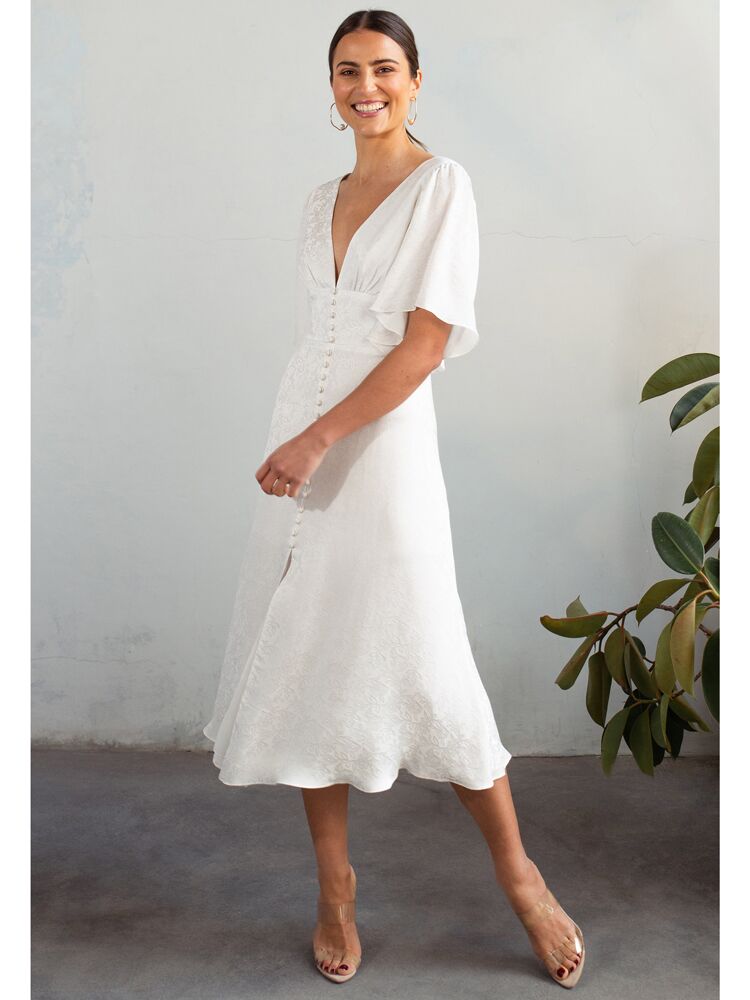 Jenny Yoo Little White Dress midi dress with flutter sleeves and cummerbund