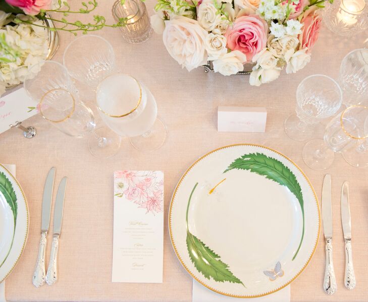Kathryn carried the garden theme throughout the tablescape, from the custom watercolor floral print on the menu to the beautiful botanical plates.