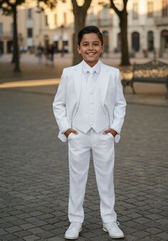 Little Tuxedos "Mason" Kids White Suit (5-Piece Set) Flower Girl Dress and Ring Bearer Outfit