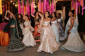 Bride in Pink Lehenga With Bridal Party Performing Dance, Indian/African Wedding