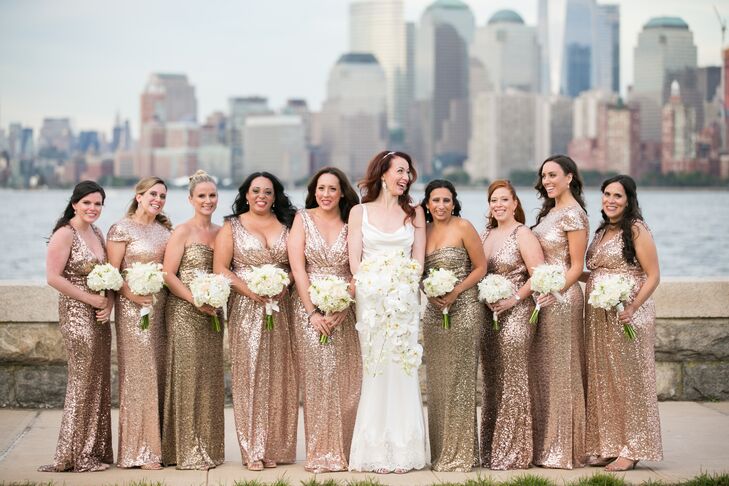 “I wanted all my girls to shine,” Lauren says of the bridesmaid attire. “Every member of my bridal party has made such a huge impact on my life and made me the woman I am today, which is the same woman David fell in love with. So it was important to me that they stood out on our wedding day.” Instead of having the women purchase their gowns, Lauren took all nine bridesmaids to Rent the Runway, where they came across Badgley Mischka’s shimmery, sequin-studded gowns, a shoo-in for the glam Ellis Island affair. “Each style fit differently on each girl, so instead of deciding on one dress for the entire bridal party to wear, I told everyone to pick the dress that made them feel the most beautiful,” Lauren says.
