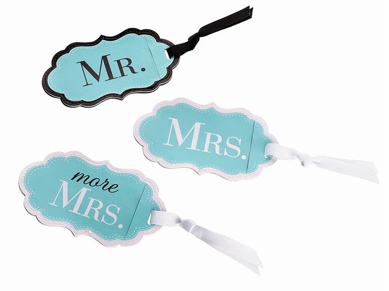 'Mr.' 'Mrs.' and 'More Mrs.' on Tiffany blue tag with white or black outline
