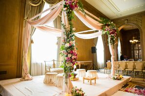 Mandap with Blush Raw Silk and Raspberry Pink Roses