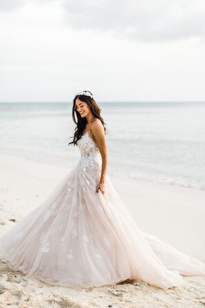 Strapless Blush Wedding Dress with Lace Appliqués