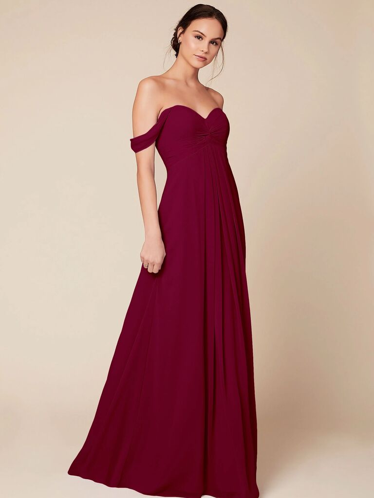 Dear Cleo dark red winter wedding bridesmaid dress with off-the-shoulder neckline