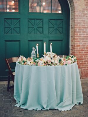 Romantic Sage Sweetheart Table With Floral Garland