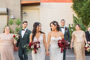 Modern Brides with White Dresses and Red Bouquets