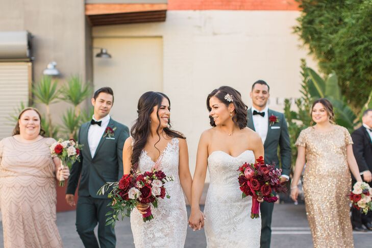 Modern Brides with White Dresses and Red Bouquets