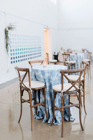 Cocktail Tables with Wood Stools and Blue Linens