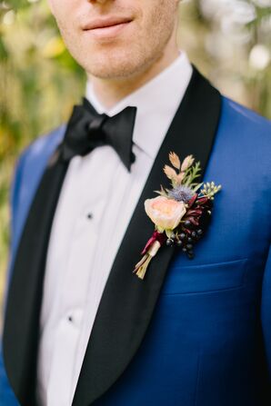 Groom with Peony Boutonniere and Blue Suit