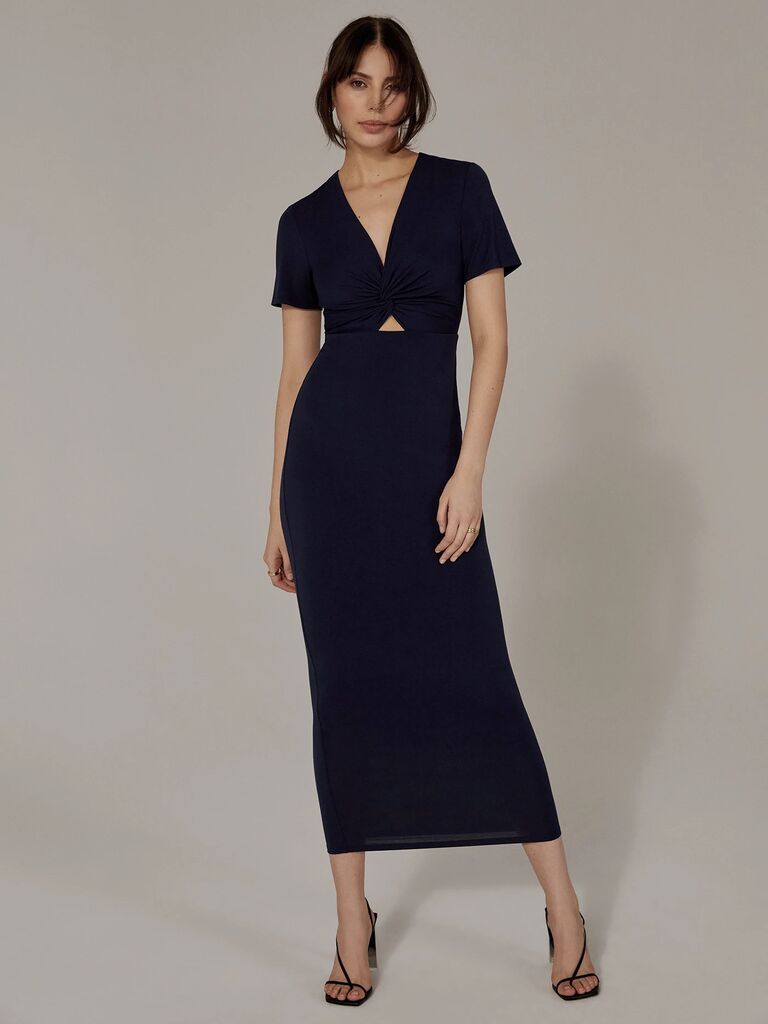 navy blue short sleeve midi dress