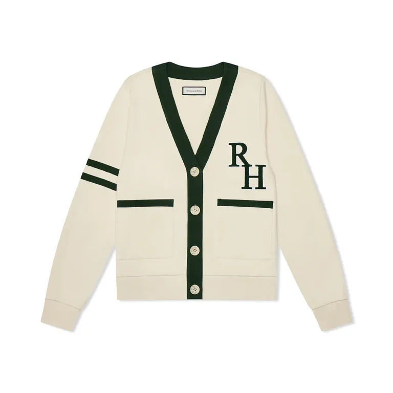 Cream recreational habits knit cardigan with green detail for sporty bachelorette bride outfit